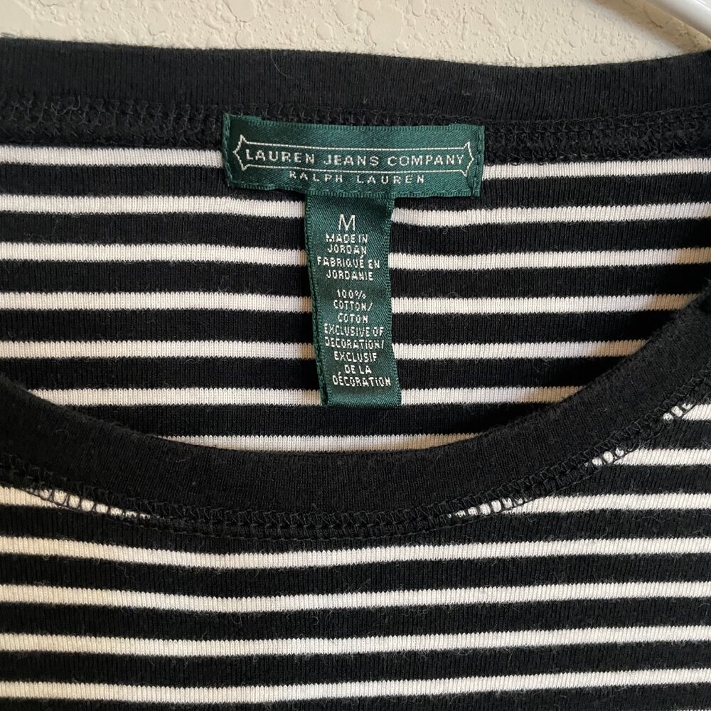 Ralph Lauren Medium Black White Striped Ribbed Long Sleeve Top 100% Cotton - Picture 4 of 8